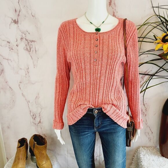 Sundance cotton silk melon color ribbed henley sweater - Picture 1 of 7